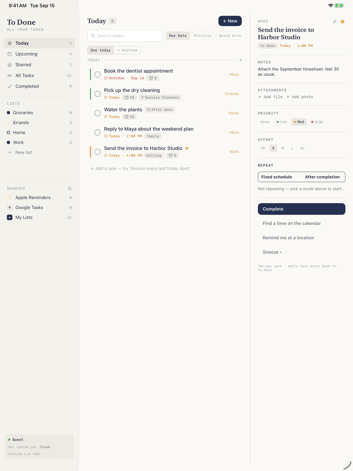 To Done on iPad: sidebar of views and lists, the Today list, and the task inspector with notes, priority, effort, and repeat
