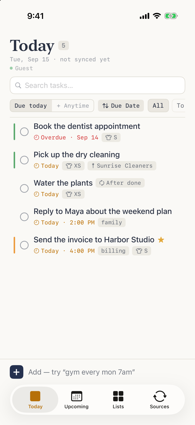To Done on iPhone: the Today list with overdue and due-today tasks, effort sizes, and a location reminder