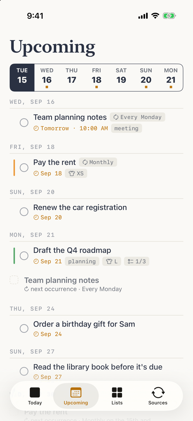 To Done on iPhone: the Upcoming view with a seven-day strip and projected repeats