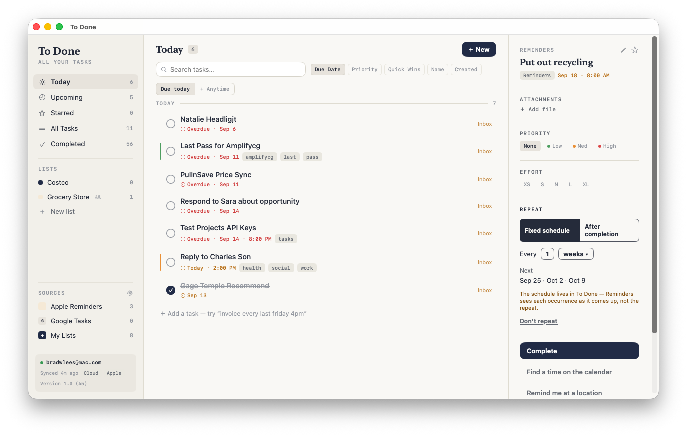 To Done for Mac showing the Today list, task sources in the sidebar, and the task inspector